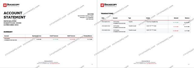 Switzerland Dukascopy Bank account statement Word and PDF template, 2 pages